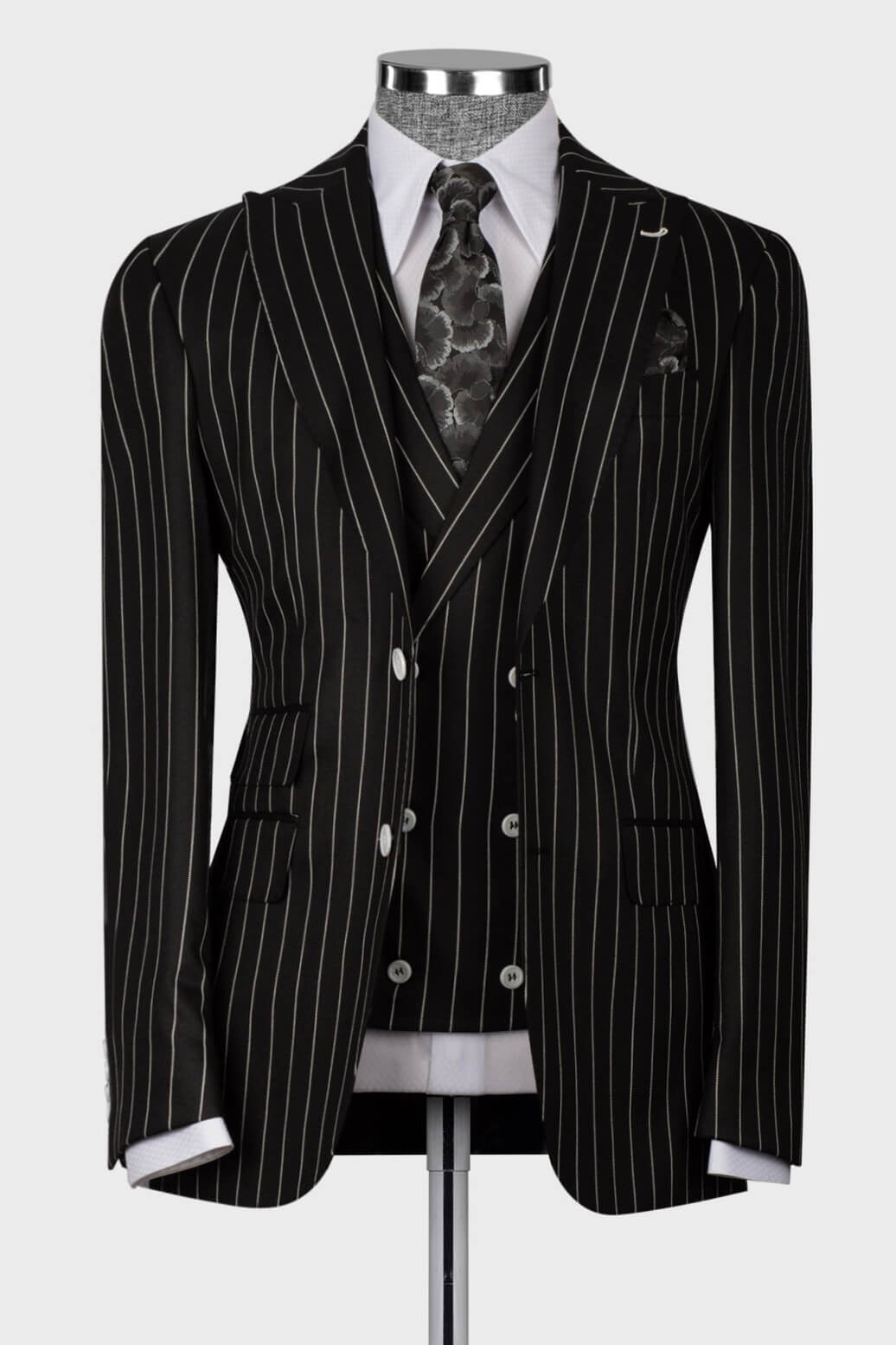 Black Striped Peaked Lapel 3 Piece Suits For Men Main image