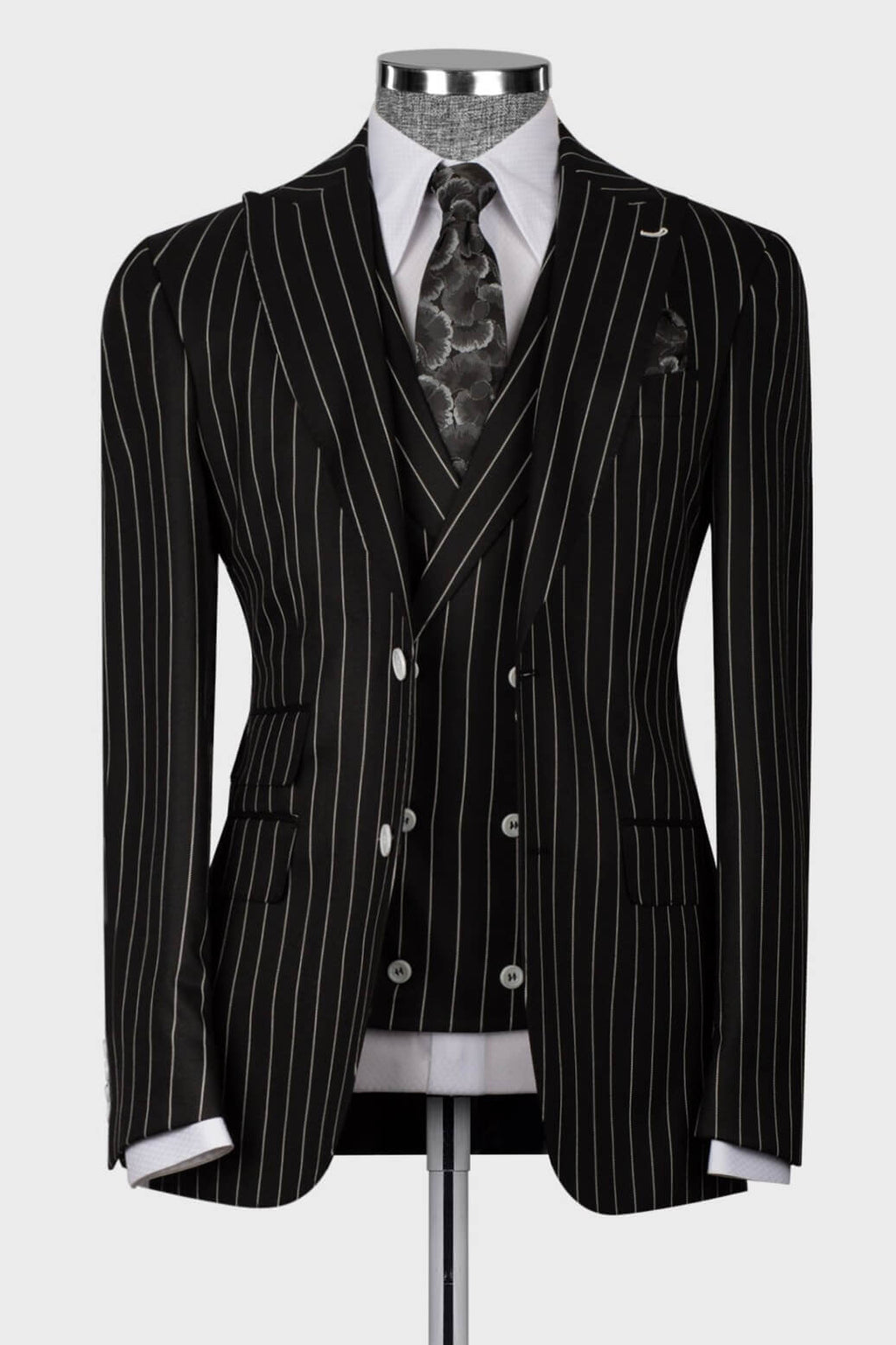 Black Striped Peaked Lapel 3 Piece Suits For Men