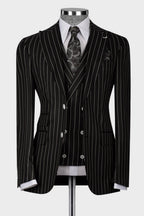 Black Striped Peaked Lapel 3 Piece Suits For Men