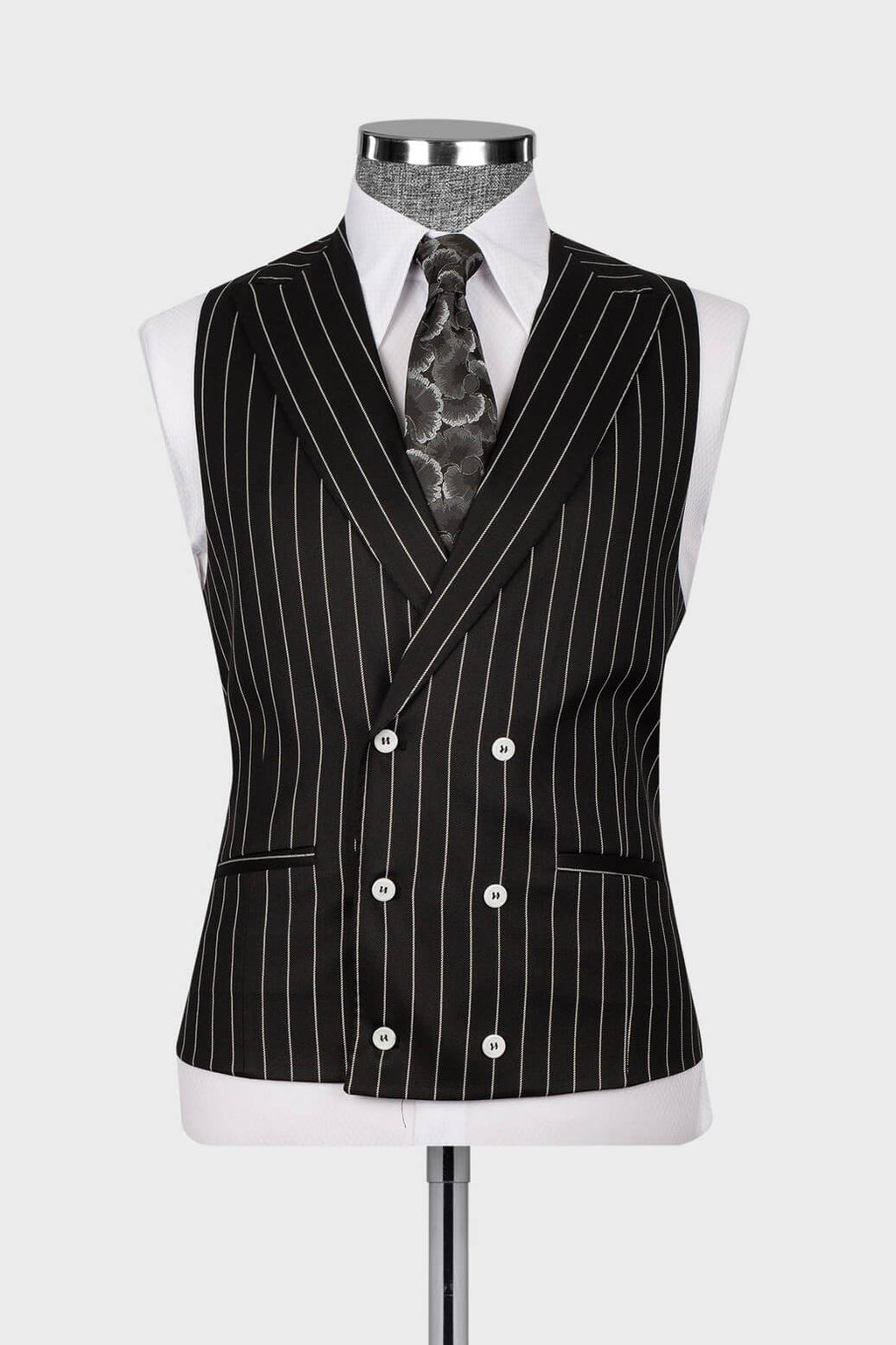 Black Striped Peaked Lapel 3 Piece Suits For Men