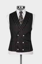Black Striped Peaked Lapel 3 Piece Suits For Men