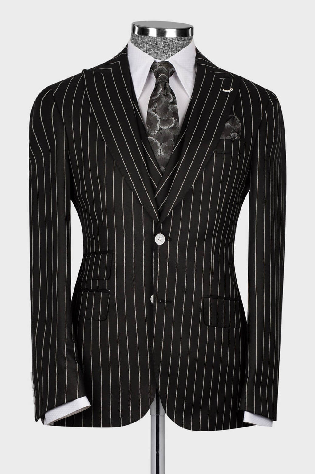 Black Striped Peaked Lapel 3 Piece Suits For Men