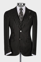 Black Striped Peaked Lapel 3 Piece Suits For Men