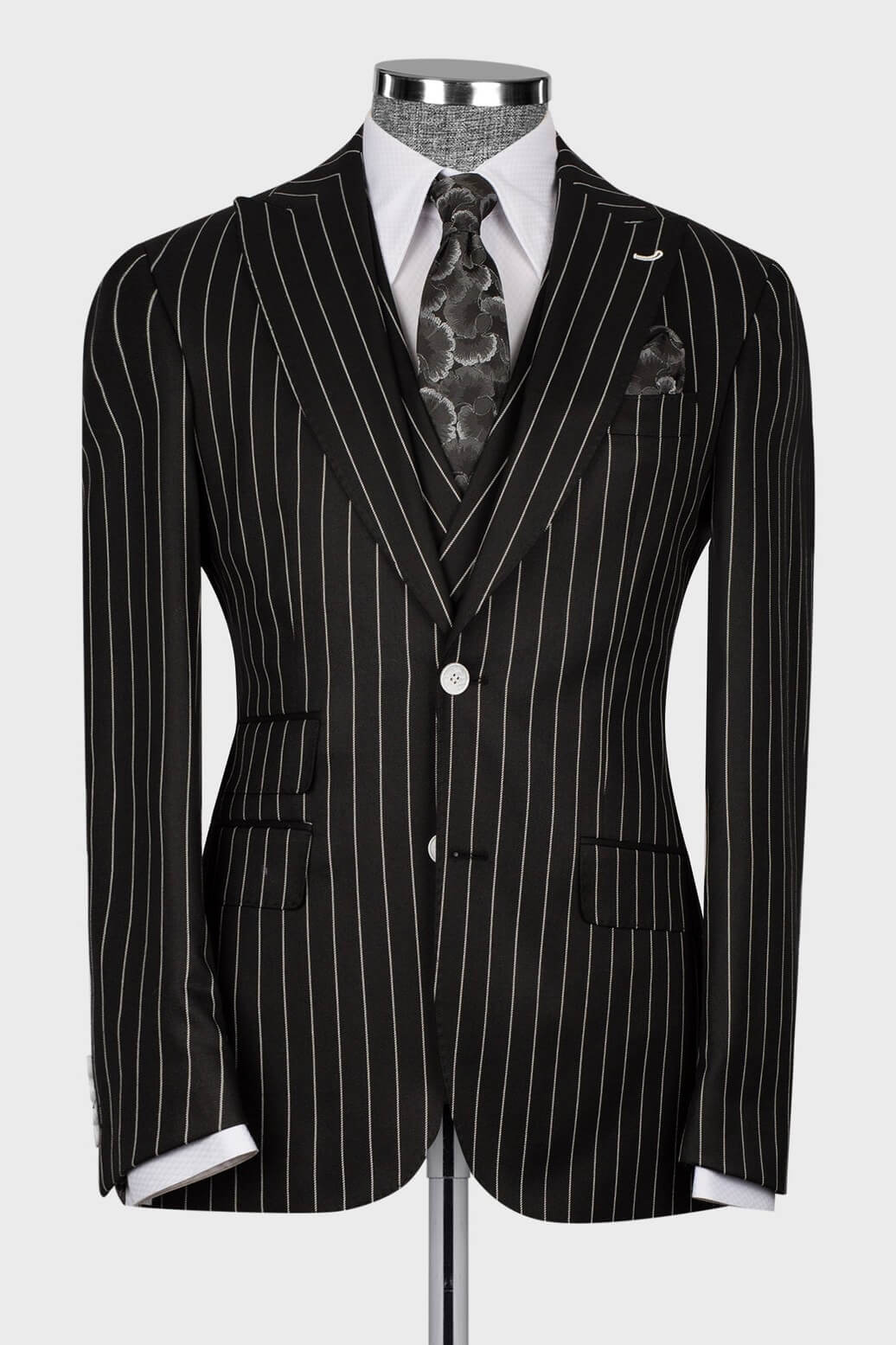Black Striped Peaked Lapel 3 Piece Suits For Men