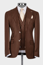 Chocolate Brown Striped Peaked Lapel 3 Piece Suits For Men