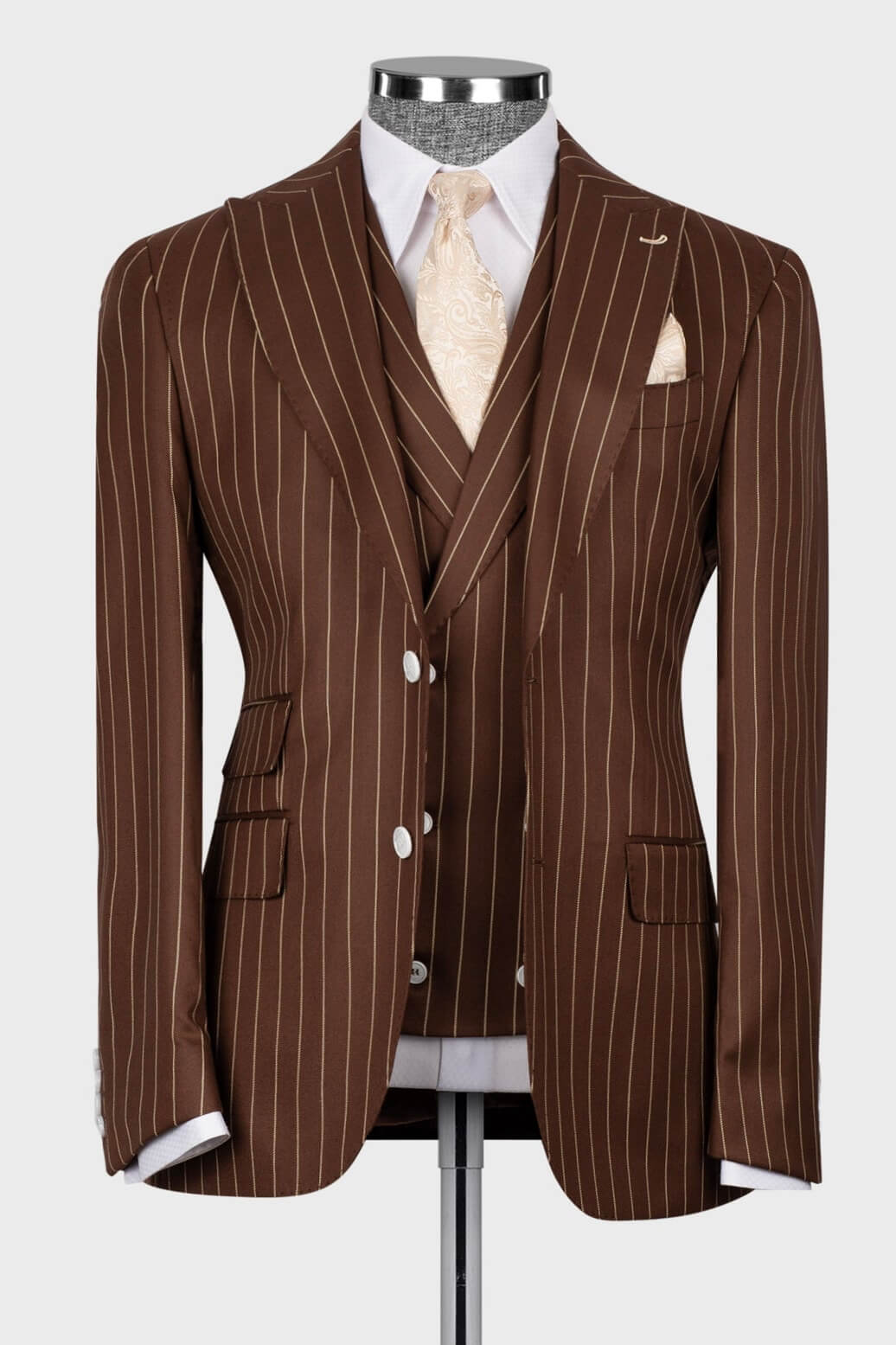 Chocolate Brown Striped Peaked Lapel 3 Piece Suits For Men
