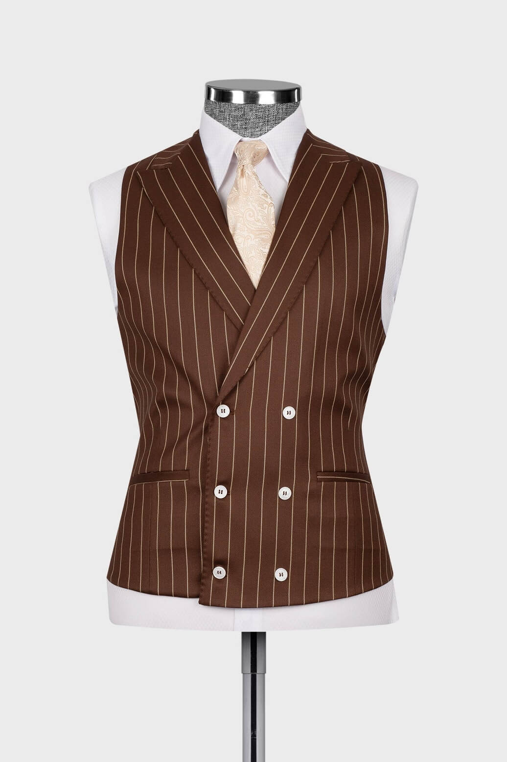 Chocolate Brown Striped Peaked Lapel 3 Piece Suits For Men Secondary image
