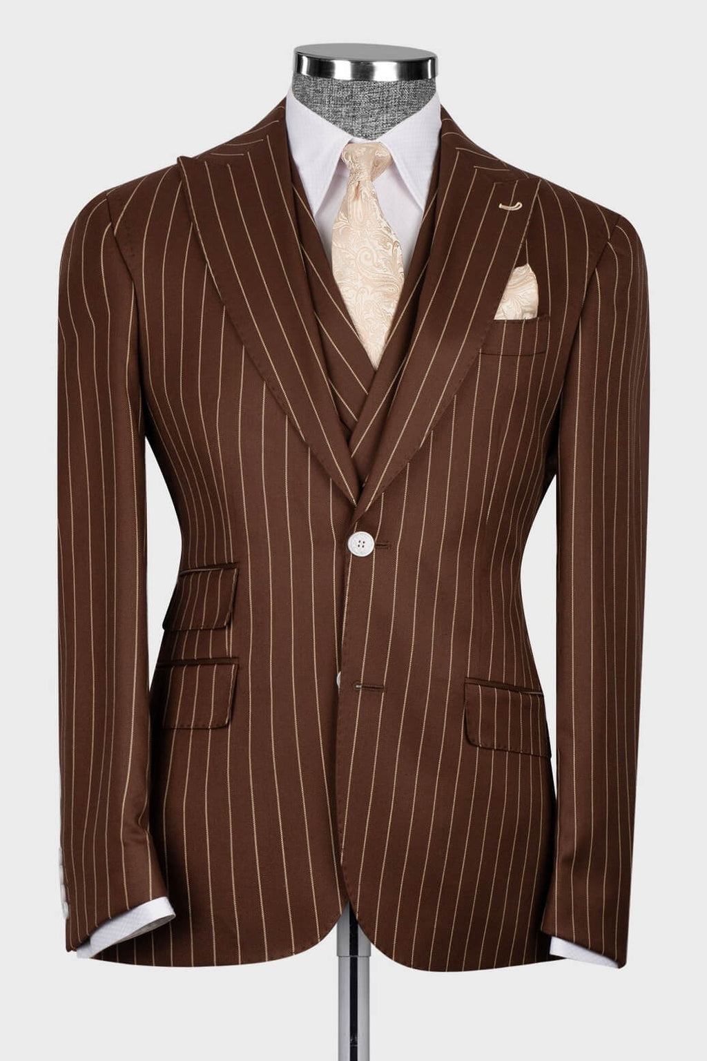 Chocolate Brown Striped Peaked Lapel 3 Piece Suits For Men