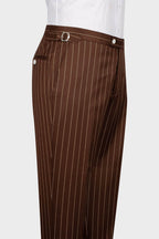 Chocolate Brown Striped Peaked Lapel 3 Piece Suits For Men