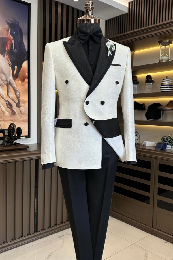 White Jacquard Double Breasted Peaked Lapel Suits For Men