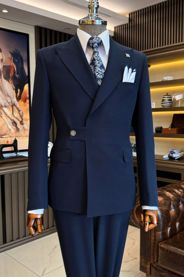 Bespoke Dark Blue Peaked Lapel Men Suits Main image