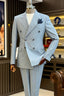 Light Gray Striped Peaked Lapel Double Breasted Men Suits