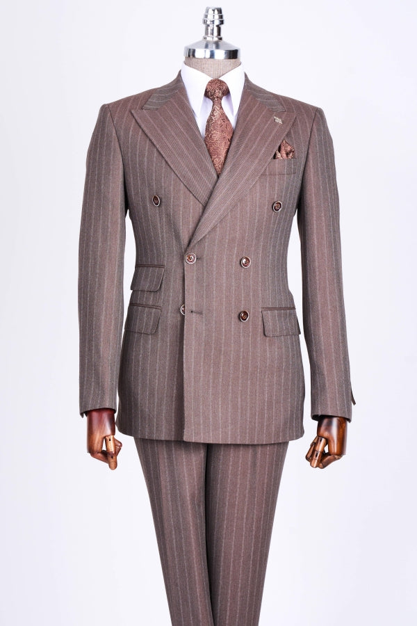 Brown Taupe Striped Peaked Lapel Double Breasted Men Suits Main image
