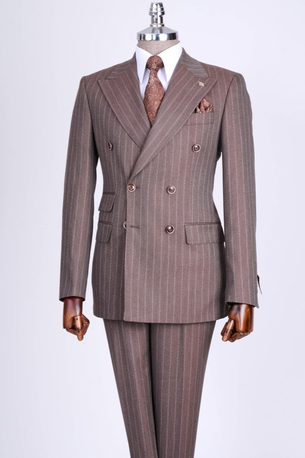 Brown Taupe Striped Peaked Lapel Double Breasted Men Suits Secondary image