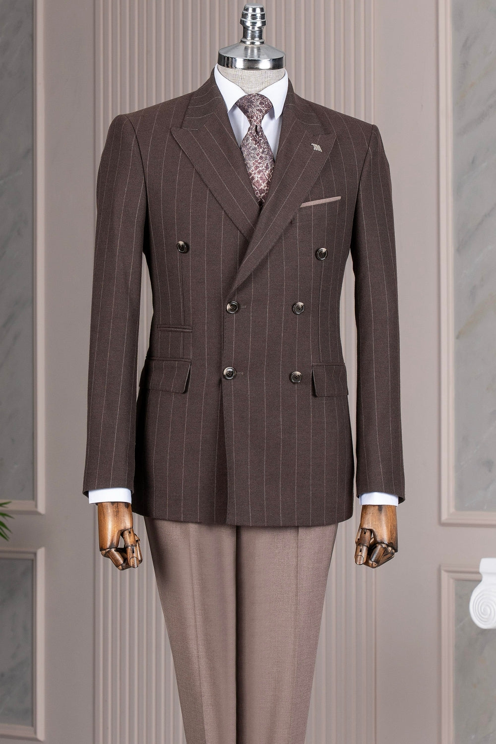Chocolate Brown Double Breasted Striped Peaked Lapel Suits Main image