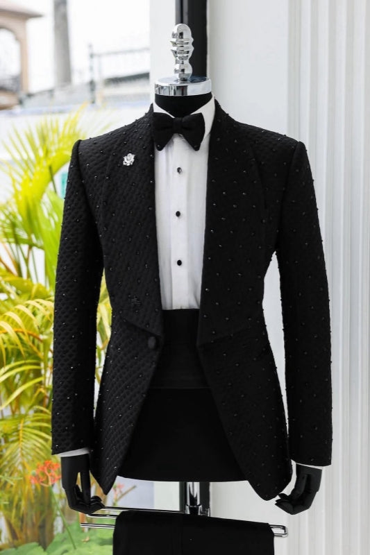 Black Waffle Plaid Shawl Lapel Beadings Men Suits Main image