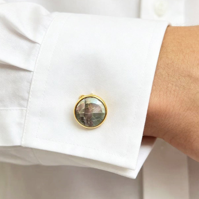 Gold Plated Mother of Pearl Shell Round Men's Cufflinks