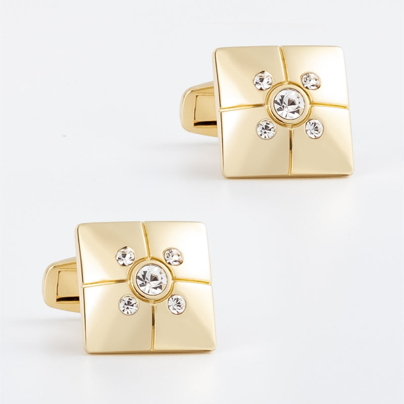 Gold Plated Square Men's Cufflinks With Sparkling Rhinestone Inlay Main image