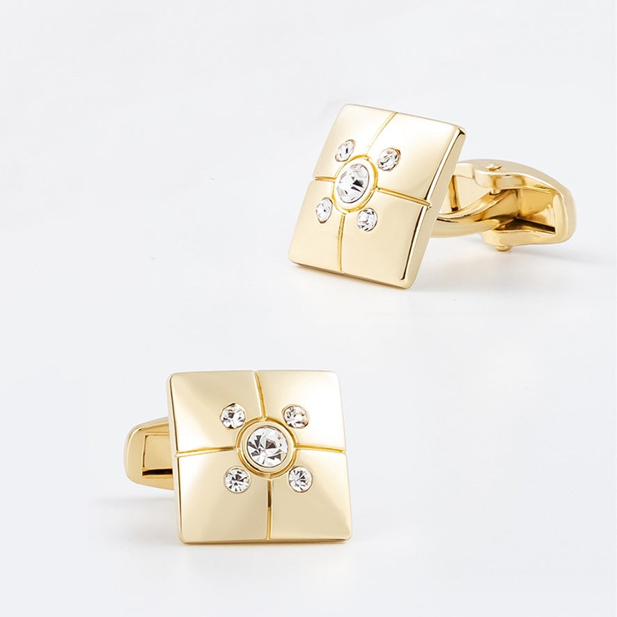Gold Plated Square Men's Cufflinks With Sparkling Rhinestone Inlay