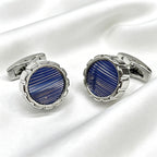 Round Silver Blue Striped Cufflinks