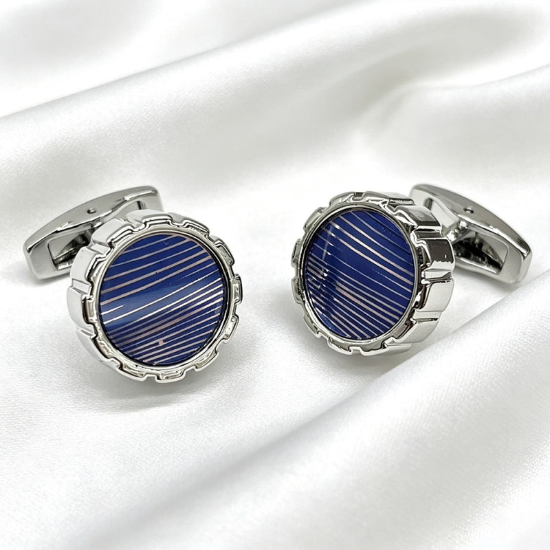 Round Silver Blue Striped Cufflinks