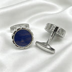 Round Silver Blue Striped Cufflinks