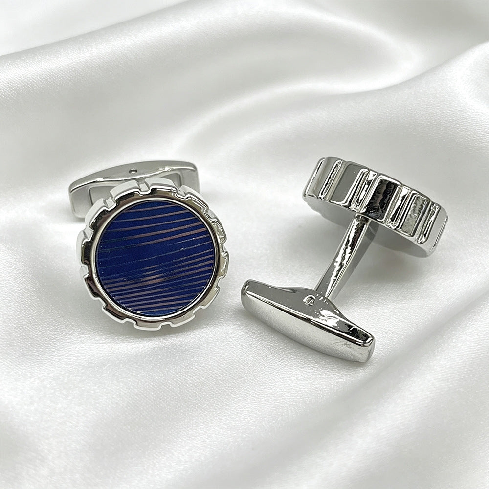Round Silver Blue Striped Cufflinks