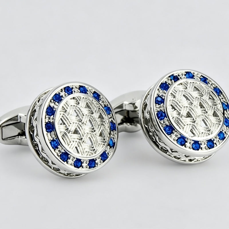 Round Silver Blue Rhinestone Cufflinks