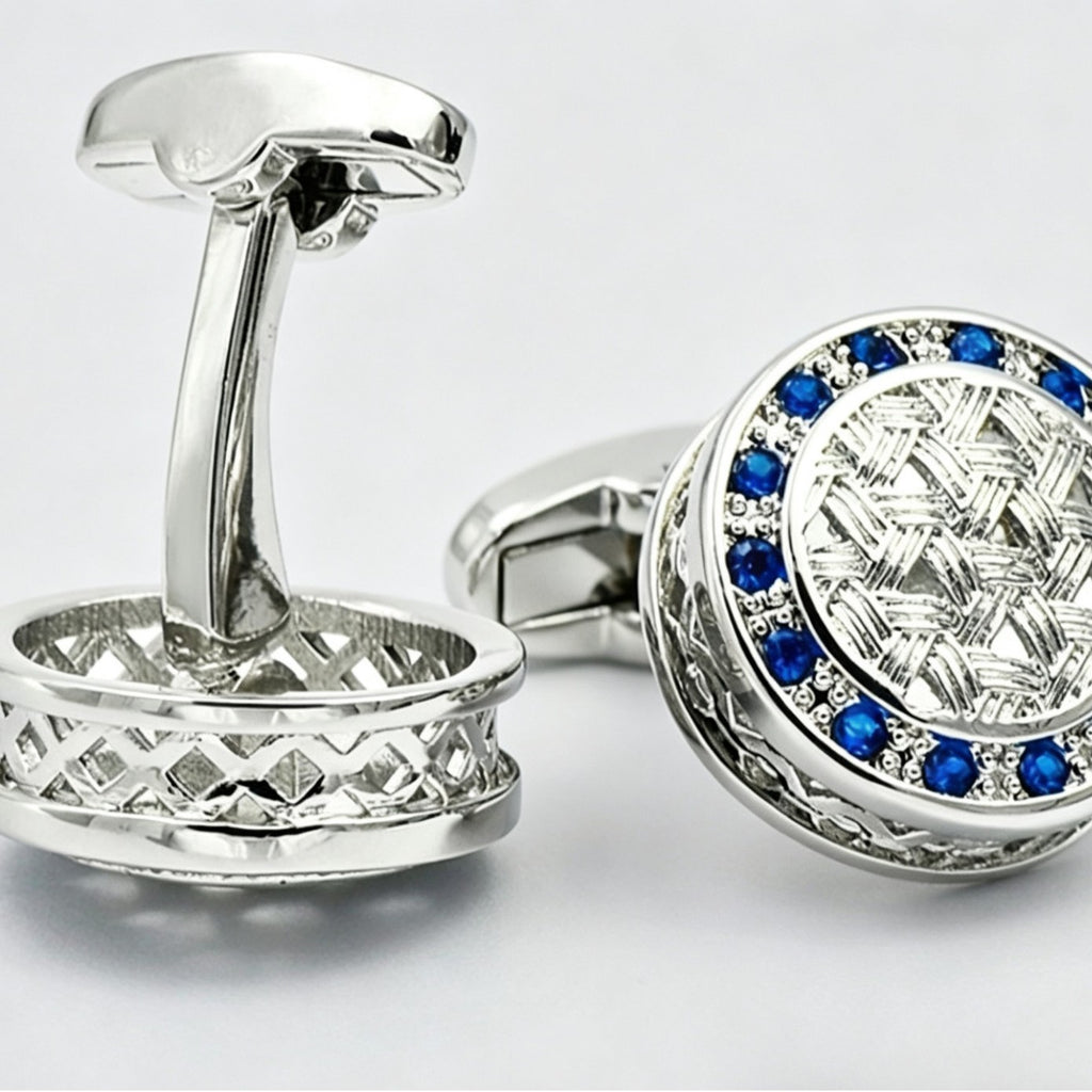 Round Silver Blue Rhinestone Cufflinks