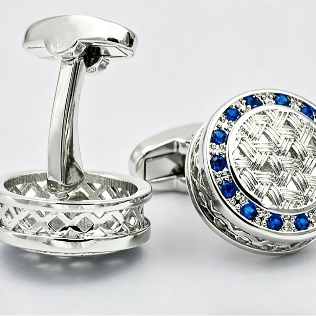 Round Silver Blue Rhinestone Cufflinks