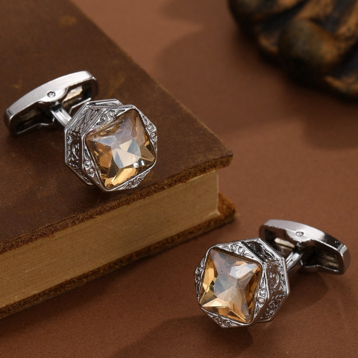 Hexagon Silver Champagne Crystal Cufflinks