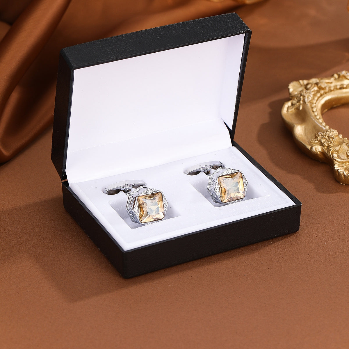 Hexagon Silver Champagne Crystal Cufflinks