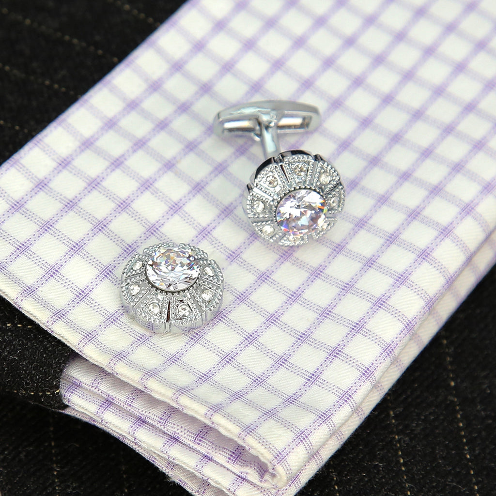 Vintage Silver Round Crystals Cufflinks