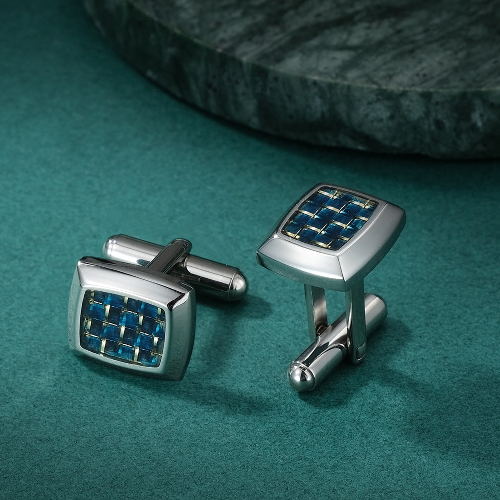 Rectangle Silver Blue Grid Cufflinks