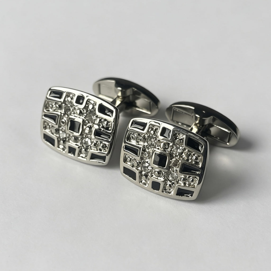 Black Silver Contrast Rhinestone Cufflinks