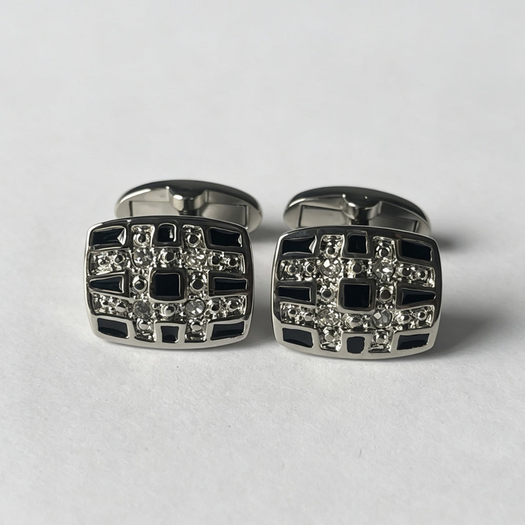Black Silver Contrast Rhinestone Cufflinks