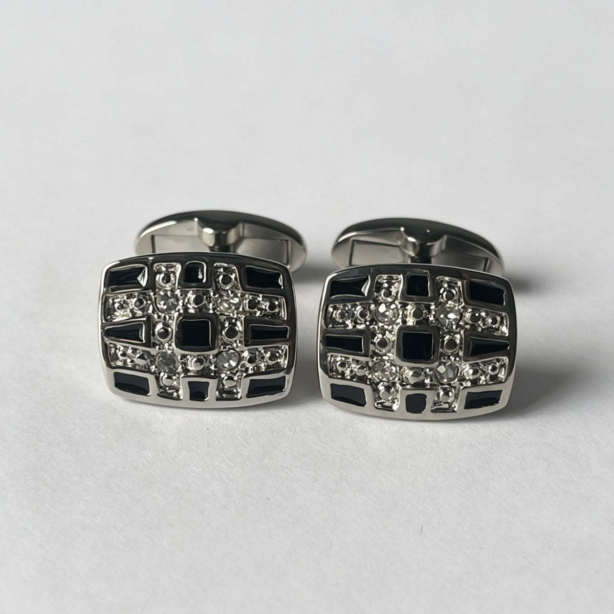 Black Silver Contrast Rhinestone Cufflinks