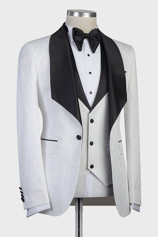 Gentle White Jacquard 3 Piece Shawl Lapel Men Suits