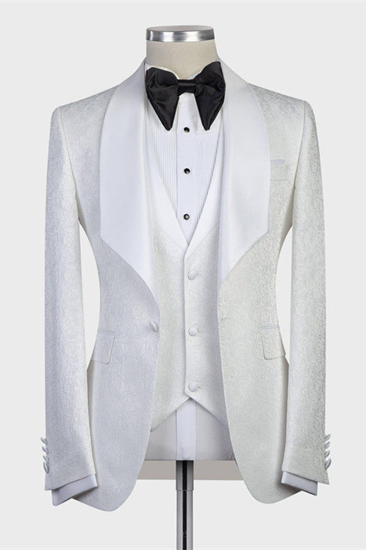 White Jacquard 3 Piece Shawl Lapel Bespoke Men Suits