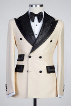 Fancy Champagne Peaked Lapel Double Breasted Suits For Men