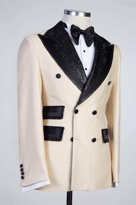 Fancy Champagne Peaked Lapel Double Breasted Suits For Men