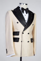 Fancy Champagne Peaked Lapel Double Breasted Suits For Men