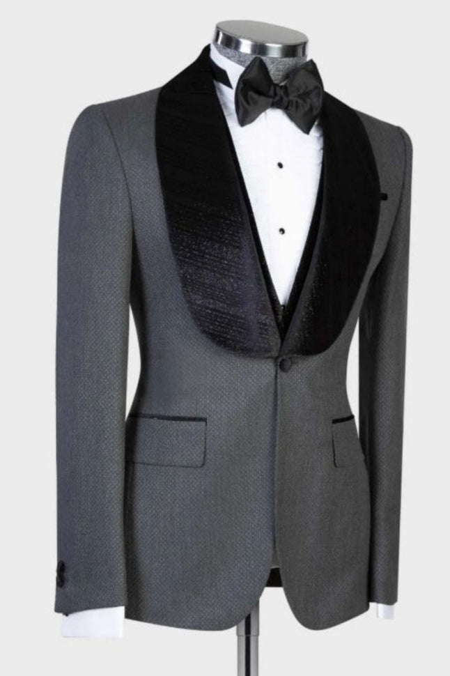 Gray One Button Black Shawl Lapel Three Pieces Men Suits