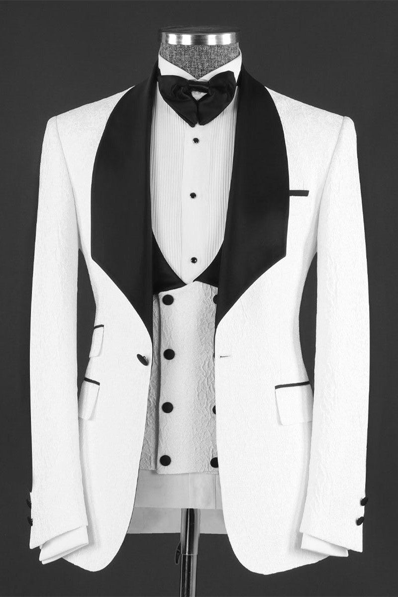 Handsome White Jacquard 3 Piece Peaked Lapel Men Suits