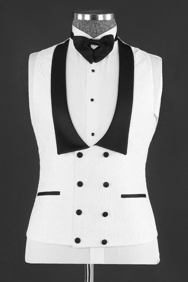 Handsome White Jacquard 3 Piece Peaked Lapel Men Suits