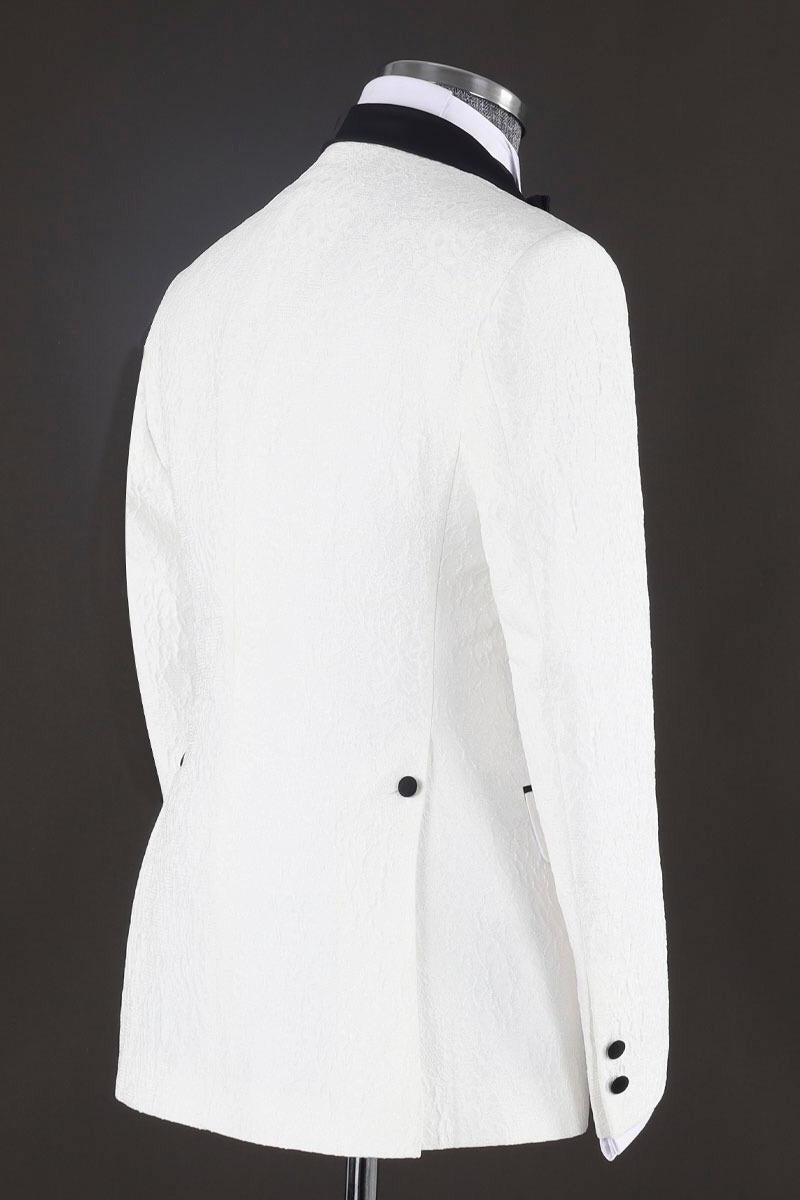 Handsome White Jacquard 3 Piece Peaked Lapel Men Suits