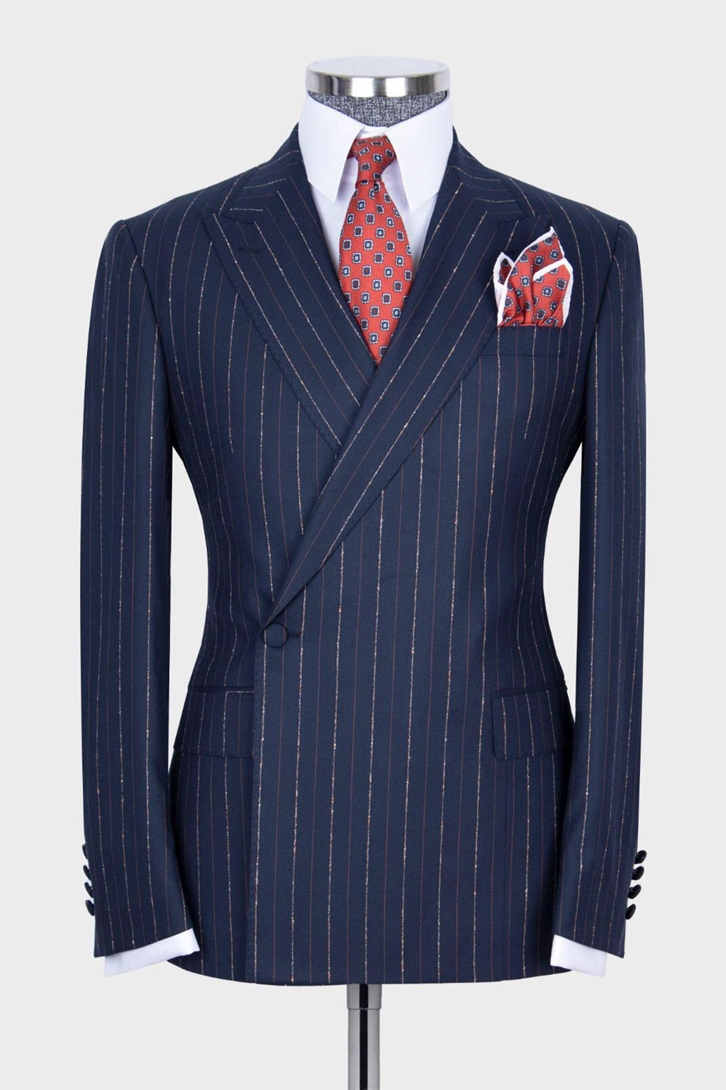Navy Striped Peaked Lapel One Button Men Suits