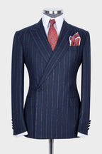 Navy Striped Peaked Lapel One Button Men Suits