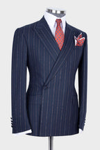 Navy Striped Peaked Lapel One Button Men Suits