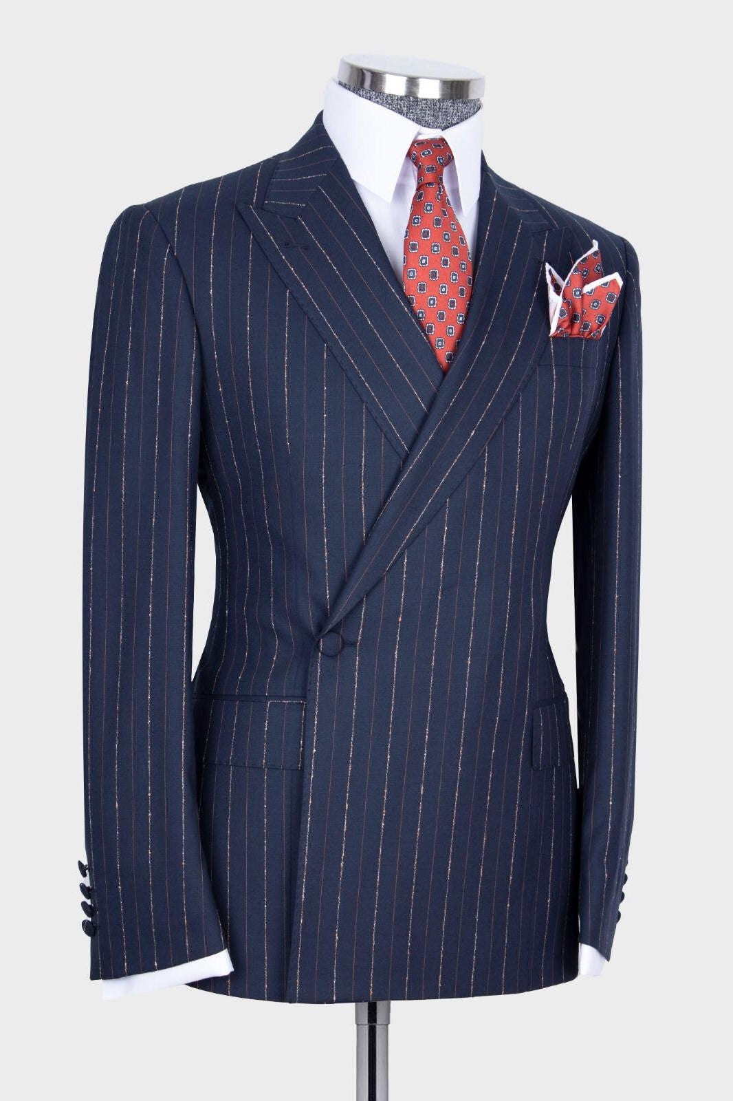 Navy Striped Peaked Lapel One Button Men Suits